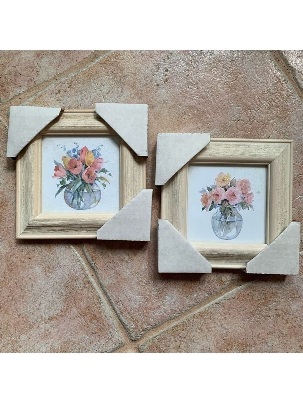 Set/2 Framed floral prints in weathered wood frames farmhouse pastel country